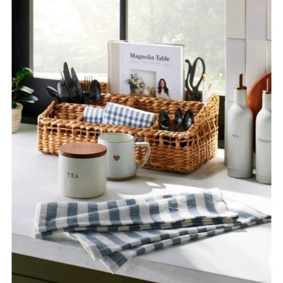 Hearth & Hand Magnolia Textured Stripe & Grid Lines Flour Sack Towel Blue, Gold‎ - Picture 4 of 9